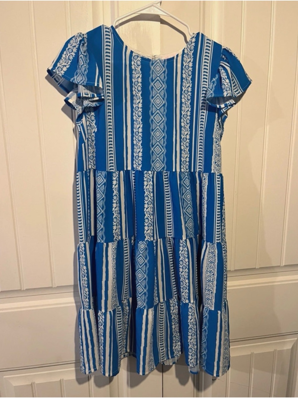 Pink Lily Blue & White Striped Tiered Midi Dress with Flutter Sleeves